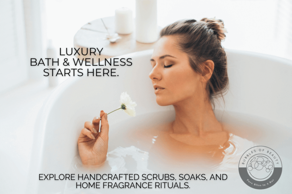 Woman relaxing in candlelit bath with handcrafted bath, wellness and fragrance products—luxury self-care